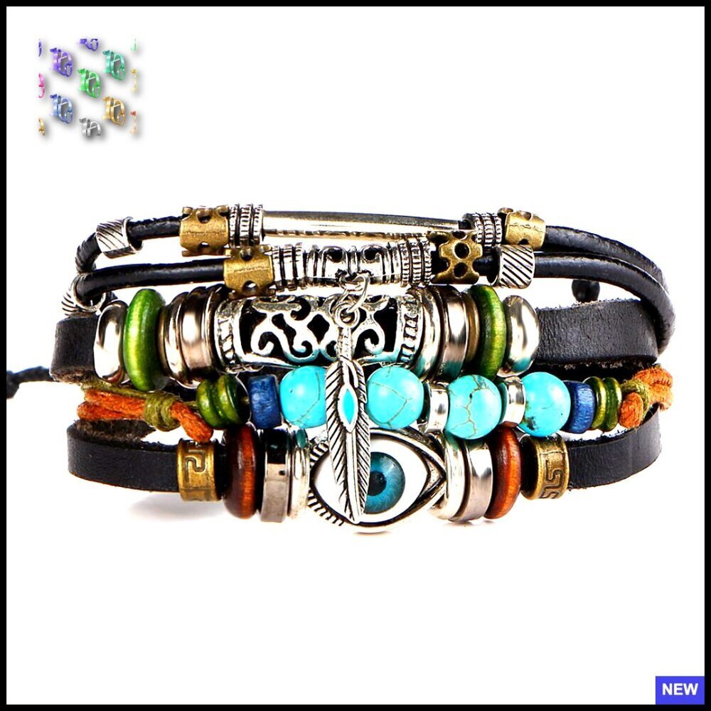 Vintage Boho Leather Bracelet Evil Eye Charms Turquoise Beads Adjustable Cuff